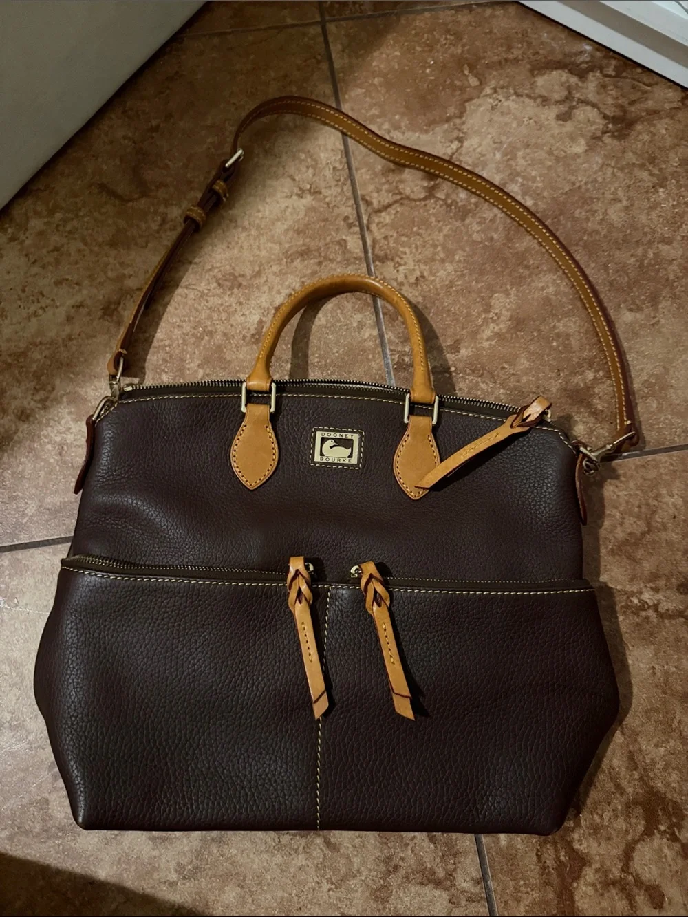 Dooney & Bourke Dark Brown Leather Messenger with Tan Trim